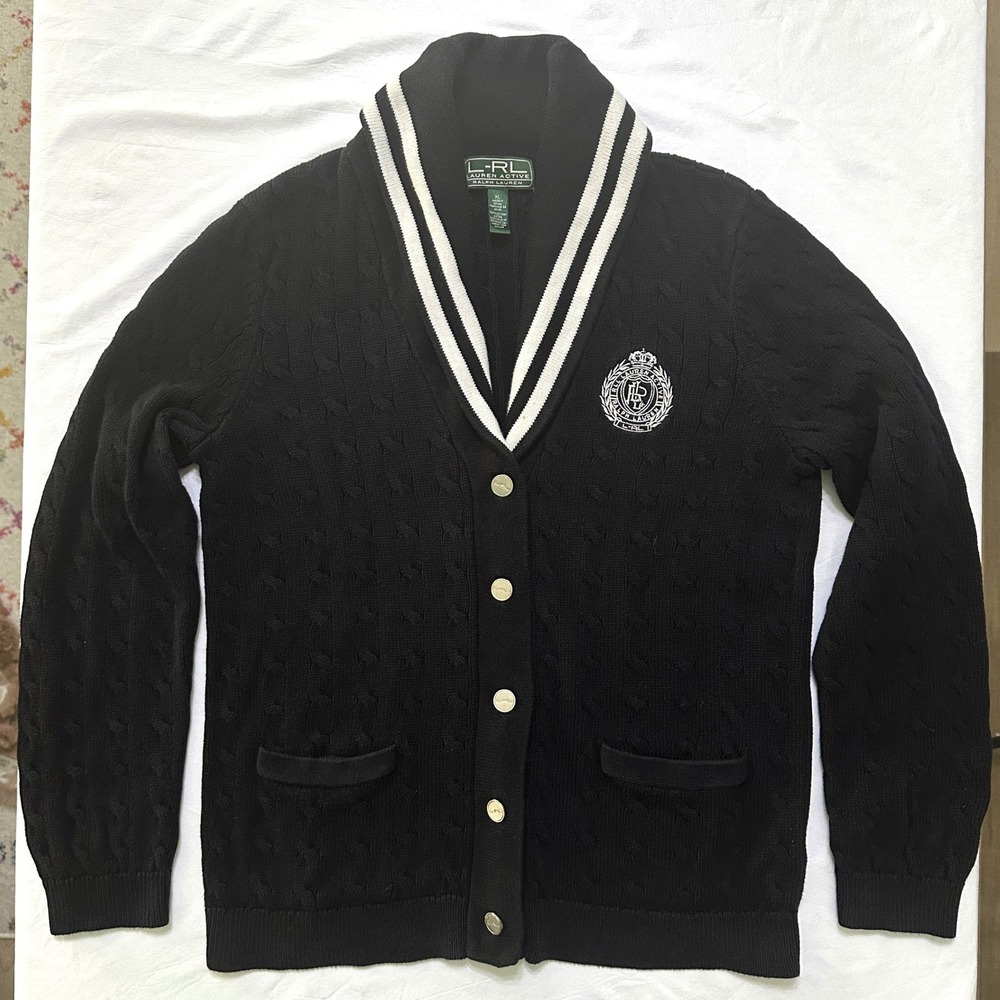 Ralph Lauren Active Cable Knit Shawl Collar Crest Cardigan XL Preppy Academia - Picture 11 of 12